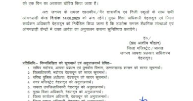 देहरादून में बारिश का अलर्ट, 14 अगस्त को स्कूल-आंगनबाड़ी बंद! DM ने जारी किया आदेश