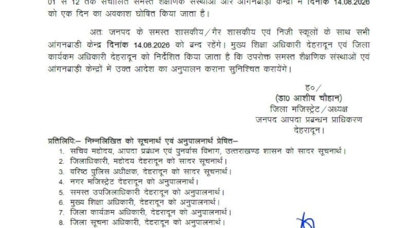 देहरादून में बारिश का अलर्ट, 14 अगस्त को स्कूल-आंगनबाड़ी बंद! DM ने जारी किया आदेश