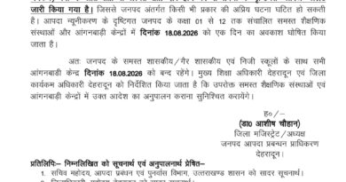 देहरादून में 18 अगस्त को स्कूल और आंगनबाड़ी केंद्र बंद , भारत केसरी की एक्सक्लूसिव खबर