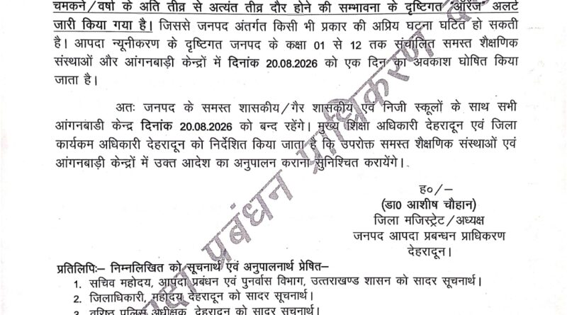 देहरादून में 20 अगस्त को स्कूल और आंगनबाड़ी केंद्र बंद, जिलाधिकारी ने दिया आदेश…
