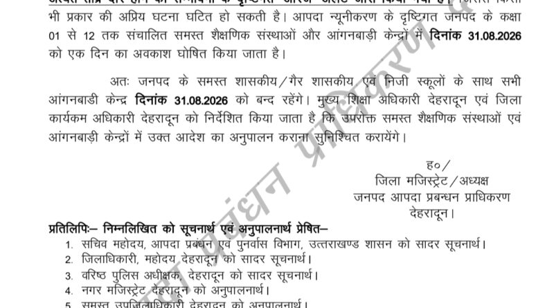देहरादून में भारी बारिश का अलर्ट, 31 अगस्त को स्कूल और आंगनबाड़ी केंद्र बंद