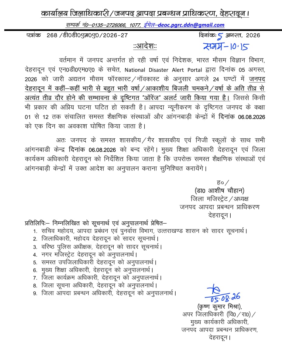 देहरादून में भारी बारिश का ऑरेंज अलर्ट: 6 अगस्त को कक्षा 1 से 12 तक के सभी स्कूल और आंगनबाड़ी केंद्र रहेंगे बंद