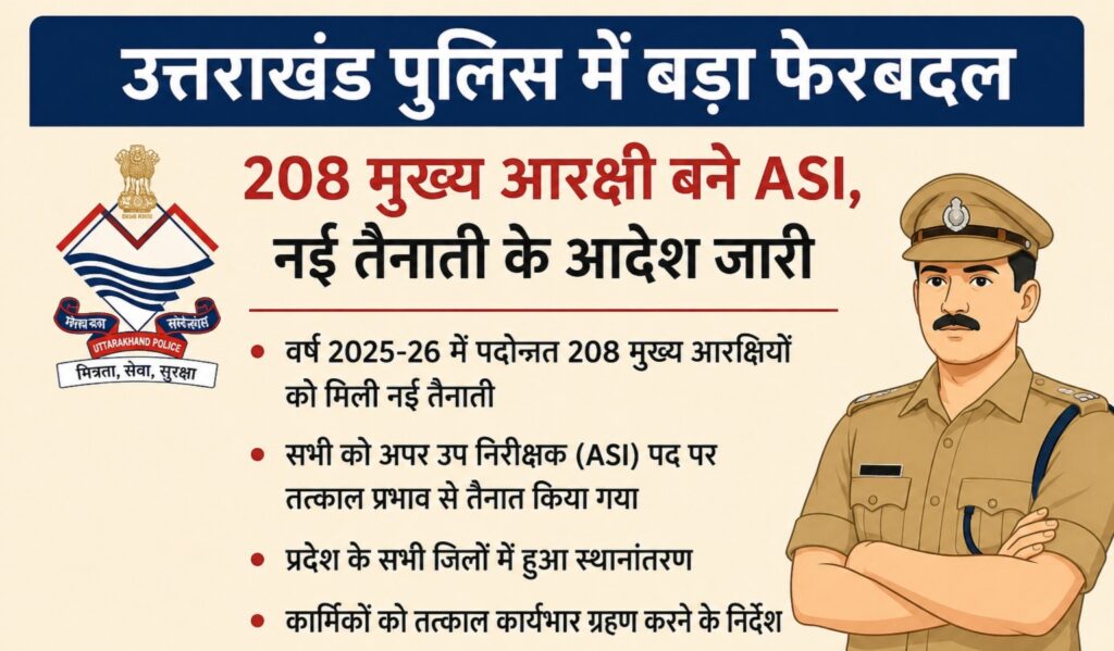 उत्तराखंड पुलिस में बड़ा फेरबदल: 208 मुख्य आरक्षी बने ASI, नई तैनाती के आदेश जारी
