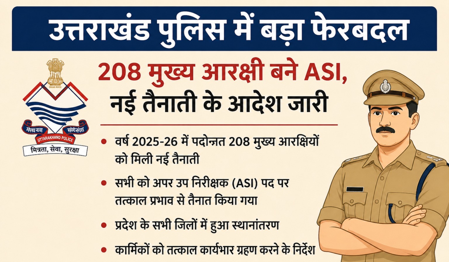 उत्तराखंड पुलिस में बड़ा फेरबदल: 208 मुख्य आरक्षी बने ASI, नई तैनाती के आदेश जारी