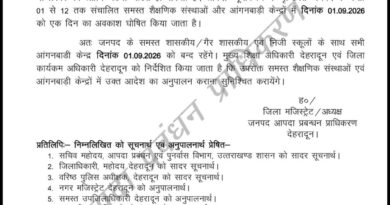 देहरादून में भारी बारिश का अलर्ट, 1 सितंबर को सभी स्कूल और आंगनबाड़ी केंद्र बंद