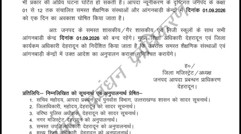 देहरादून में भारी बारिश का अलर्ट, 1 सितंबर को सभी स्कूल और आंगनबाड़ी केंद्र बंद