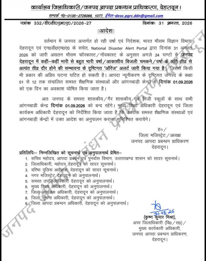 देहरादून में भारी बारिश का अलर्ट, 1 सितंबर को सभी स्कूल और आंगनबाड़ी केंद्र बंद